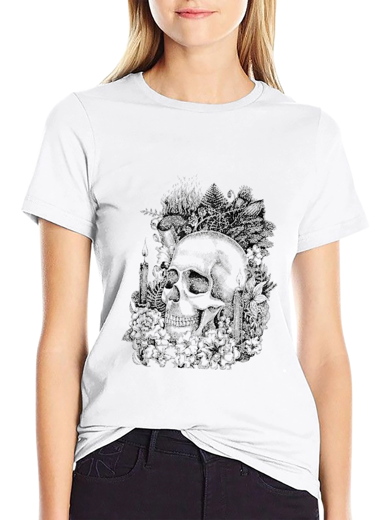 Skull and Floral Graphic Print Tee