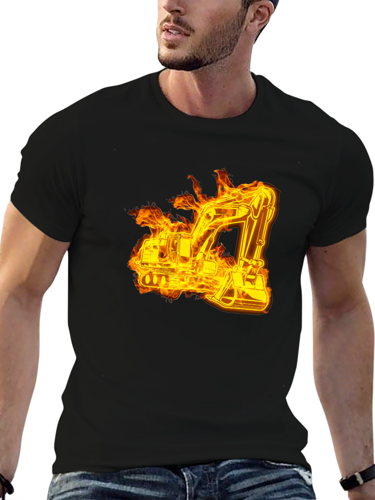 Fiery Excavator Black T-Shirt - Construction Tee
