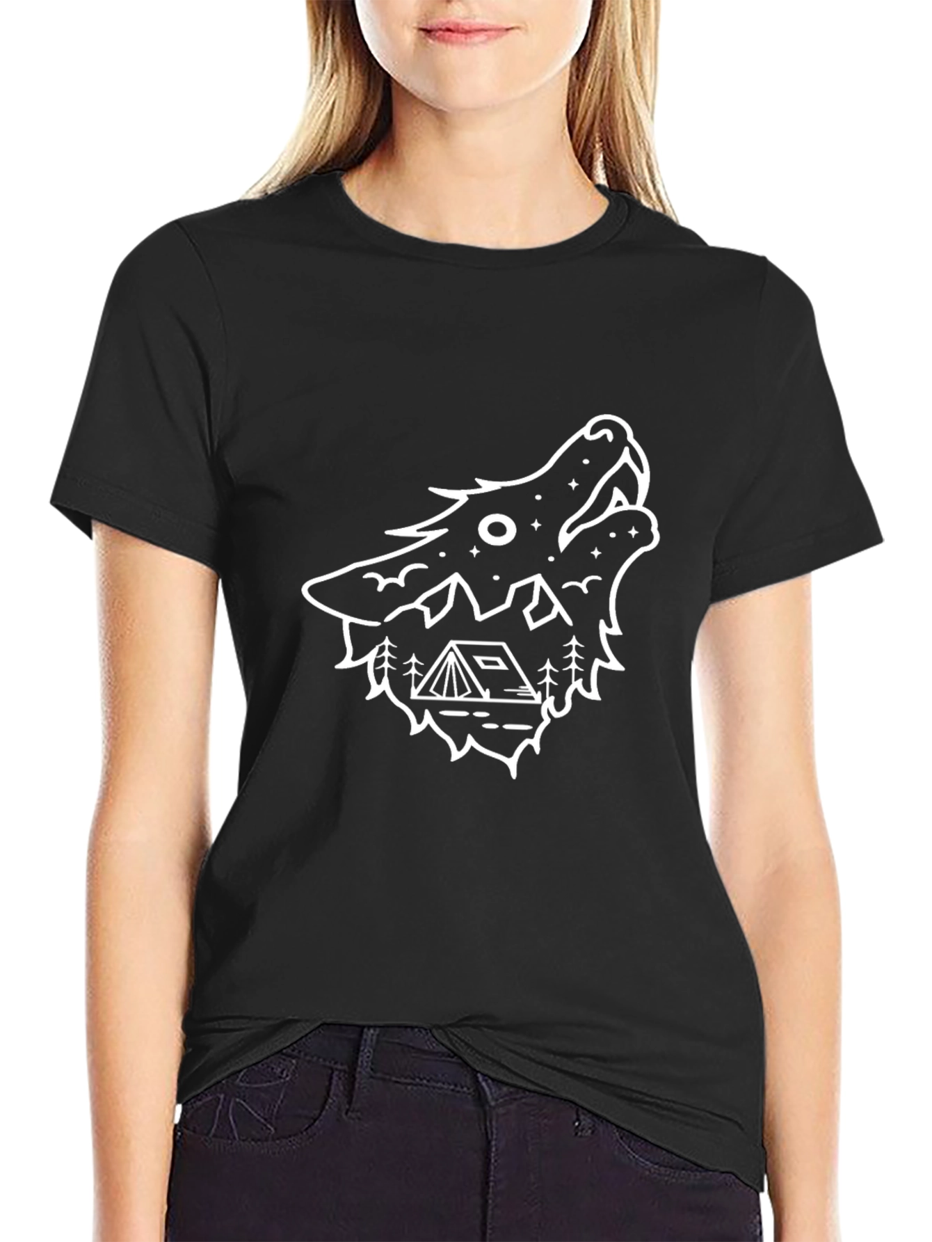 Wolf Camping Graphic T-Shirt - Black