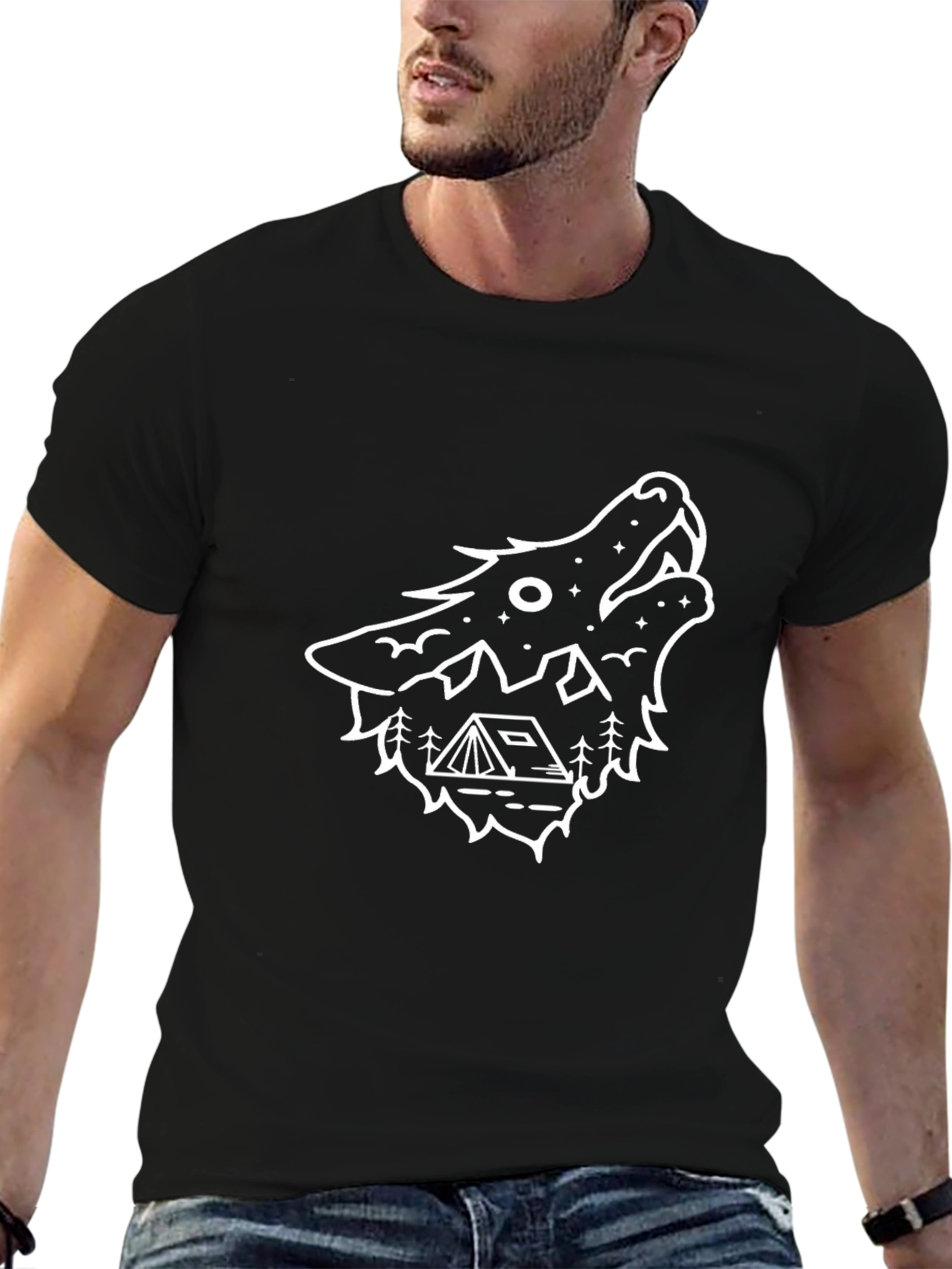 Wolf Camping Graphic T-Shirt - Black