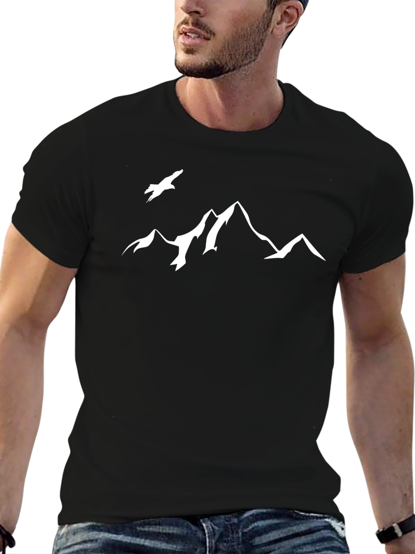 Mountain & Bird Graphic Tee - Black Casual T-Shirt