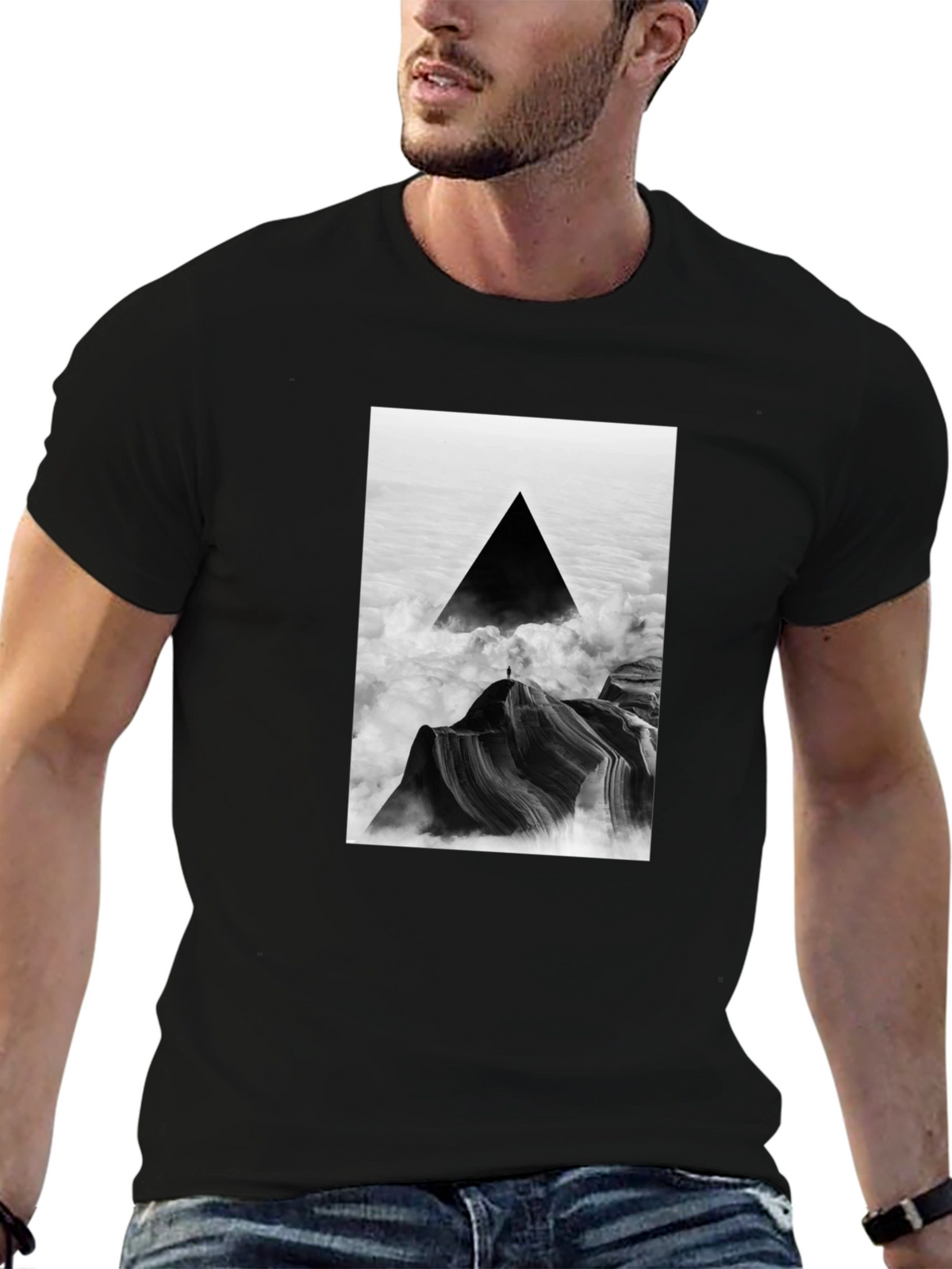 Black T-Shirt with Abstract Triangle Mountain Design