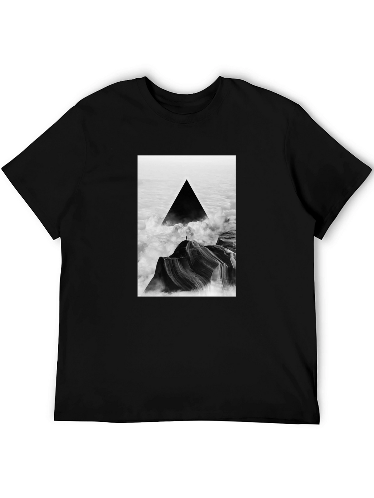 Black T-Shirt with Abstract Triangle Mountain Design