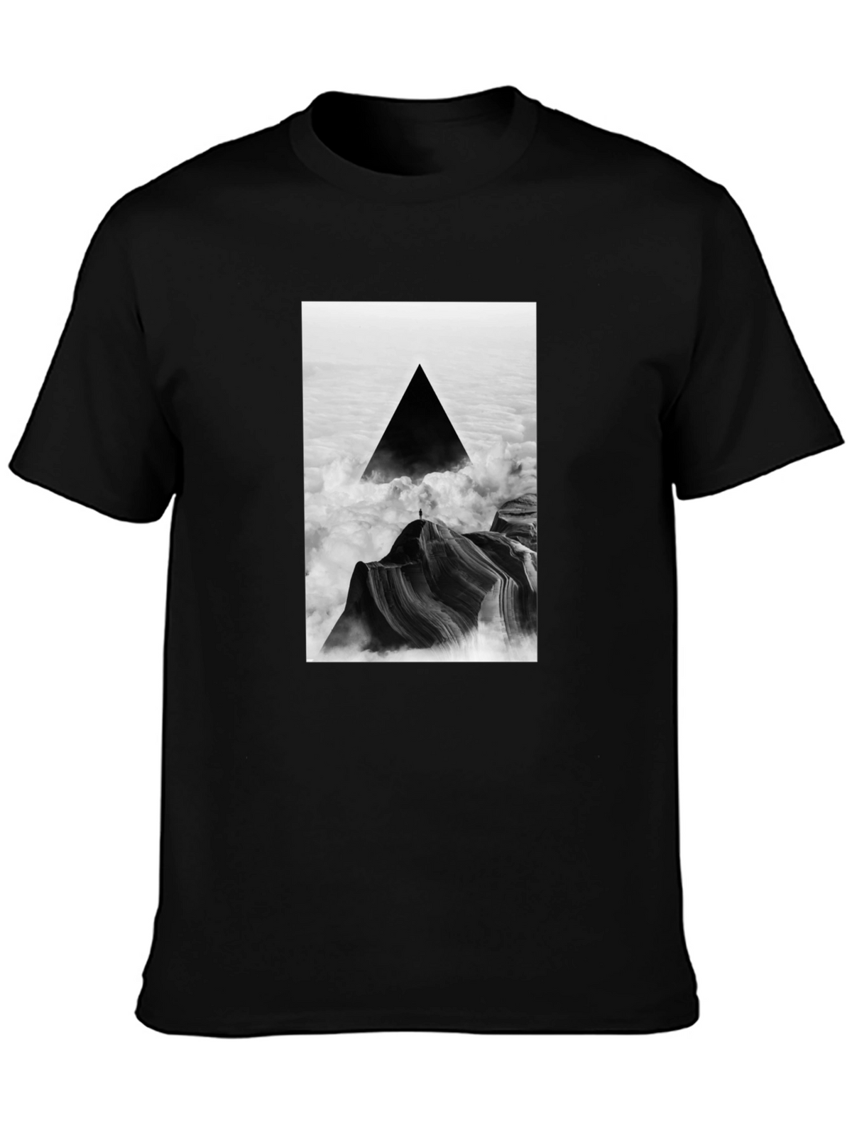 Black T-Shirt with Abstract Triangle Mountain Design