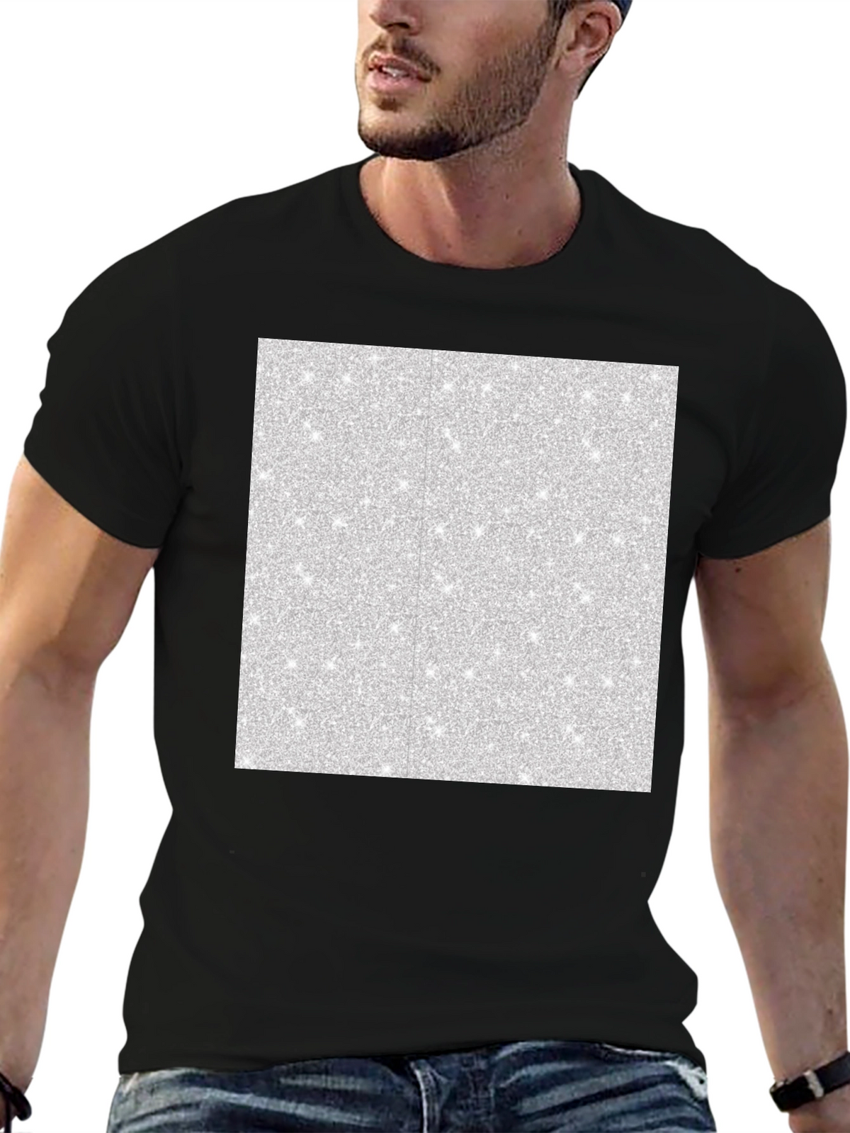 Mens Black T-Shirt with Abstract Glitter Square Design